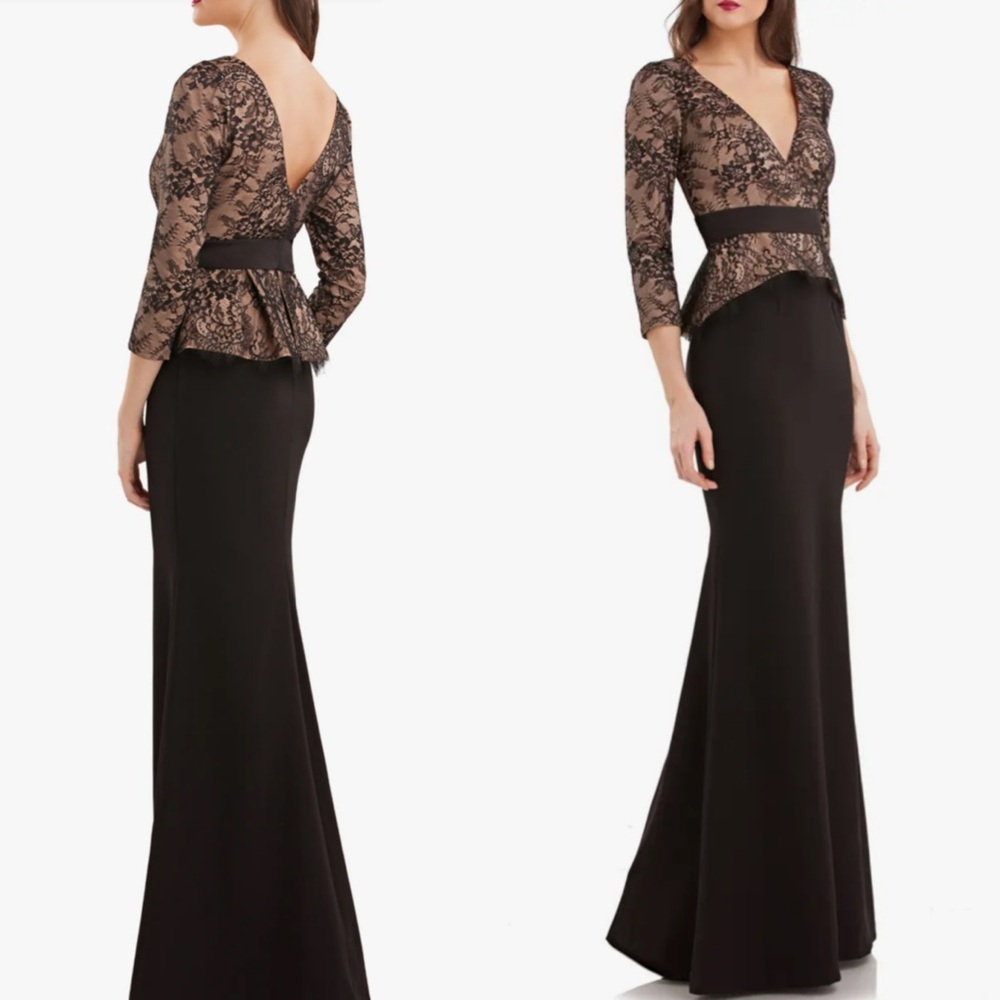 JS Collection Women's V Neck Lace Peplum Gown